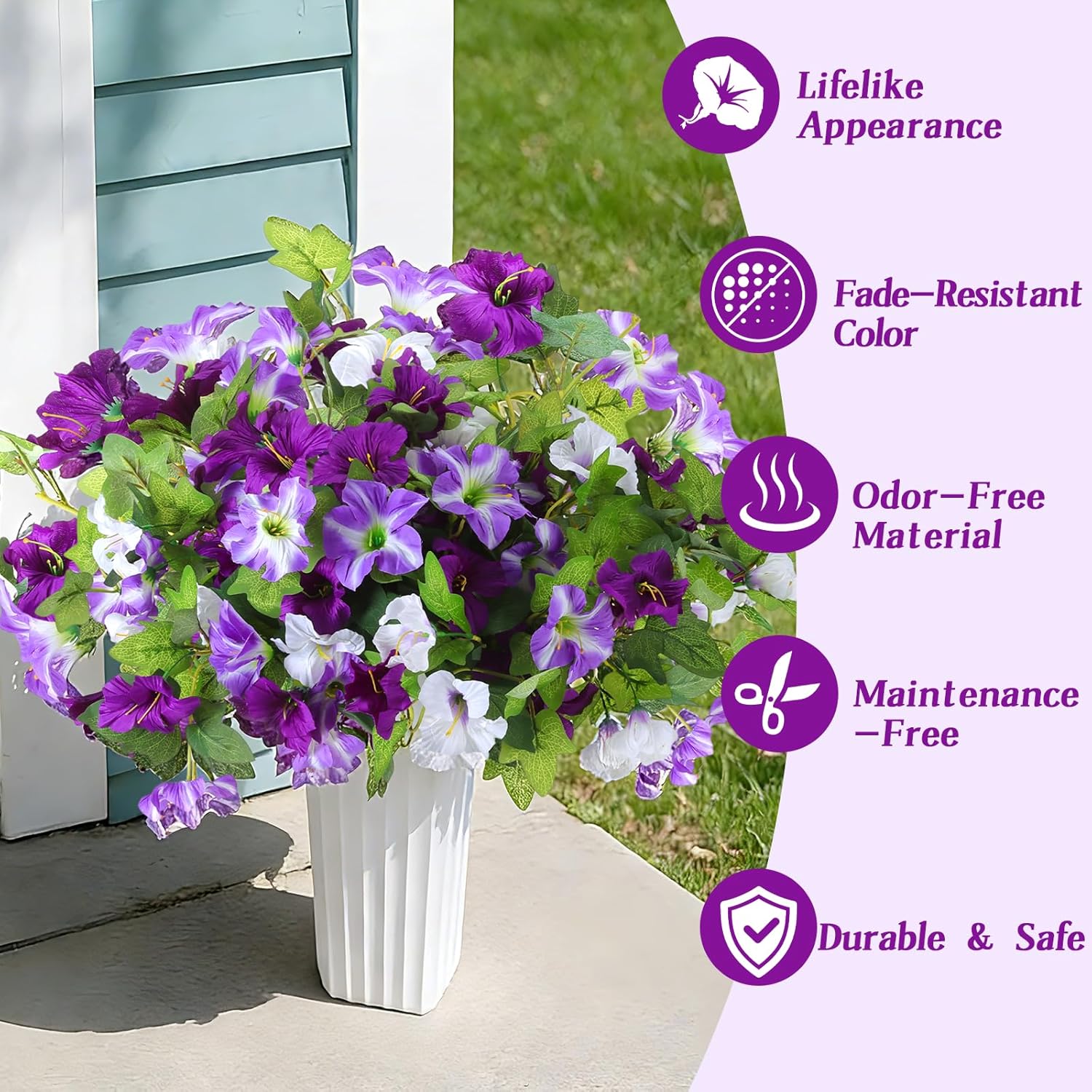 6 Pack Artificial Petunias for Outdoors, 132 Realistic Purple Fake Petunias, UV Resistant No Fade Faux Outdoor Petunias for Hanging Baskets, Garden and Porch Decor