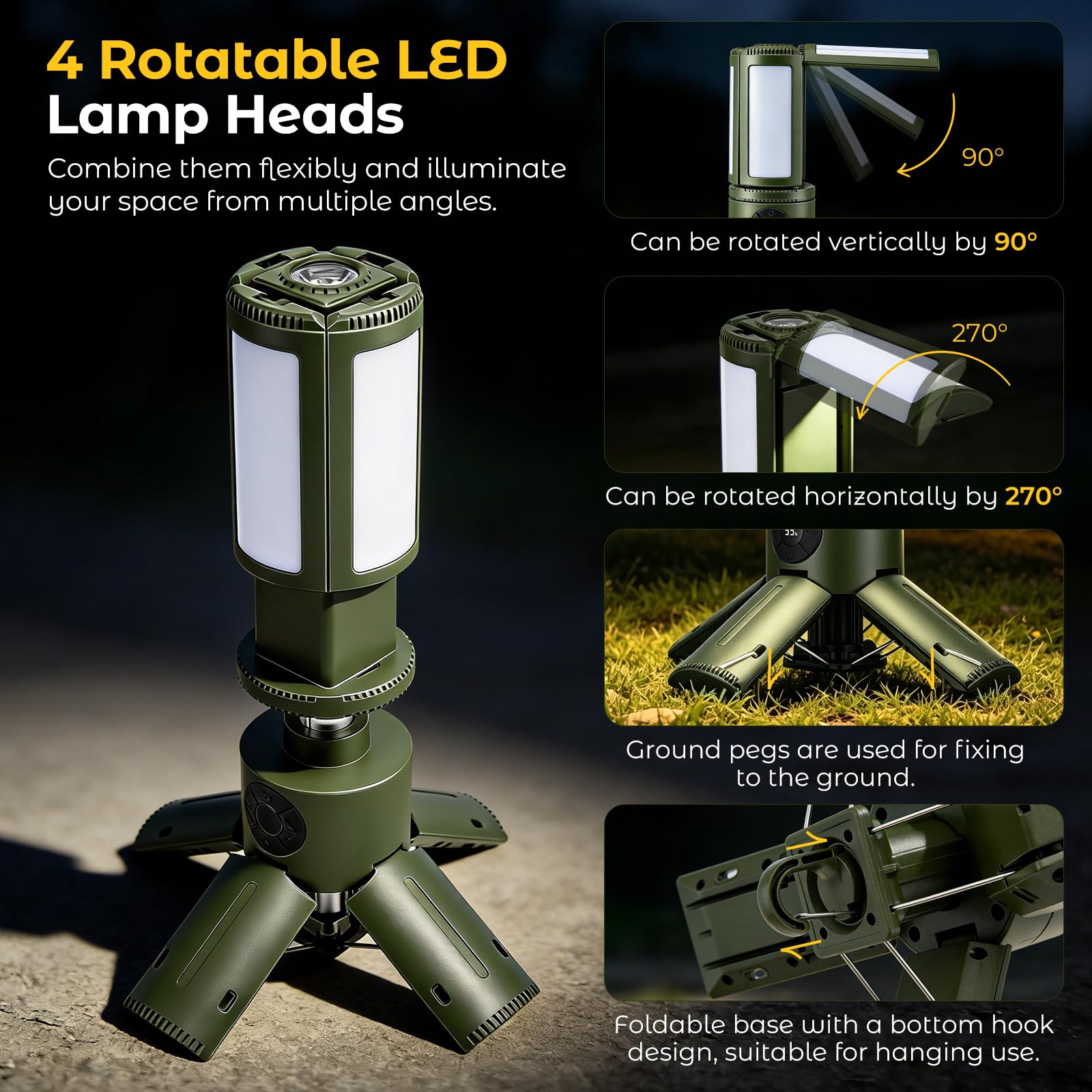 Lanterna da Campeggio Ricaricabile 8000mAh, Lampada LED da Campeggio Telescopica con Treppiede, Luce da Tenda Pieghevole IPX5, 4 Modalità Luce 11 Livelli Dimmer SOS Power Bank
