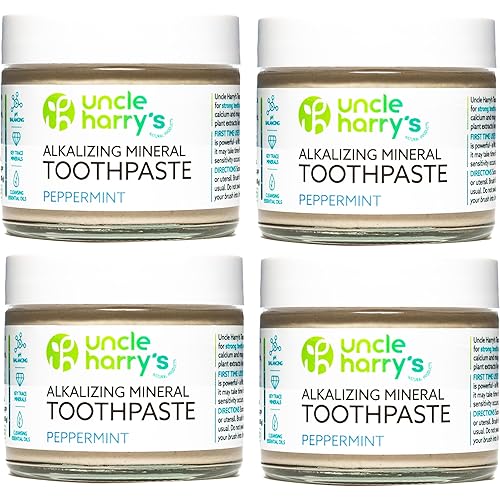 Uncle Harry's Peppermint Remineralizing Toothpaste | Natural Whitening Tooth Paste Freshens Breath & Promotes Enamel | Vegan Fluoride Free Toothpaste (4 Pack)