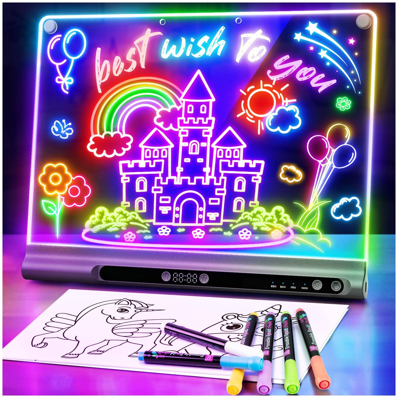 16“ Rechargeable LED Drawing Board, 9-Color Light Modes with Timer & Built-in Stand, Neon Art Dry Erase Glow Up Doodle Note Pad, Sketching Gift Toy for Kids/Girls/Teens, 6 Markers & Tracing Book-Black — image 1