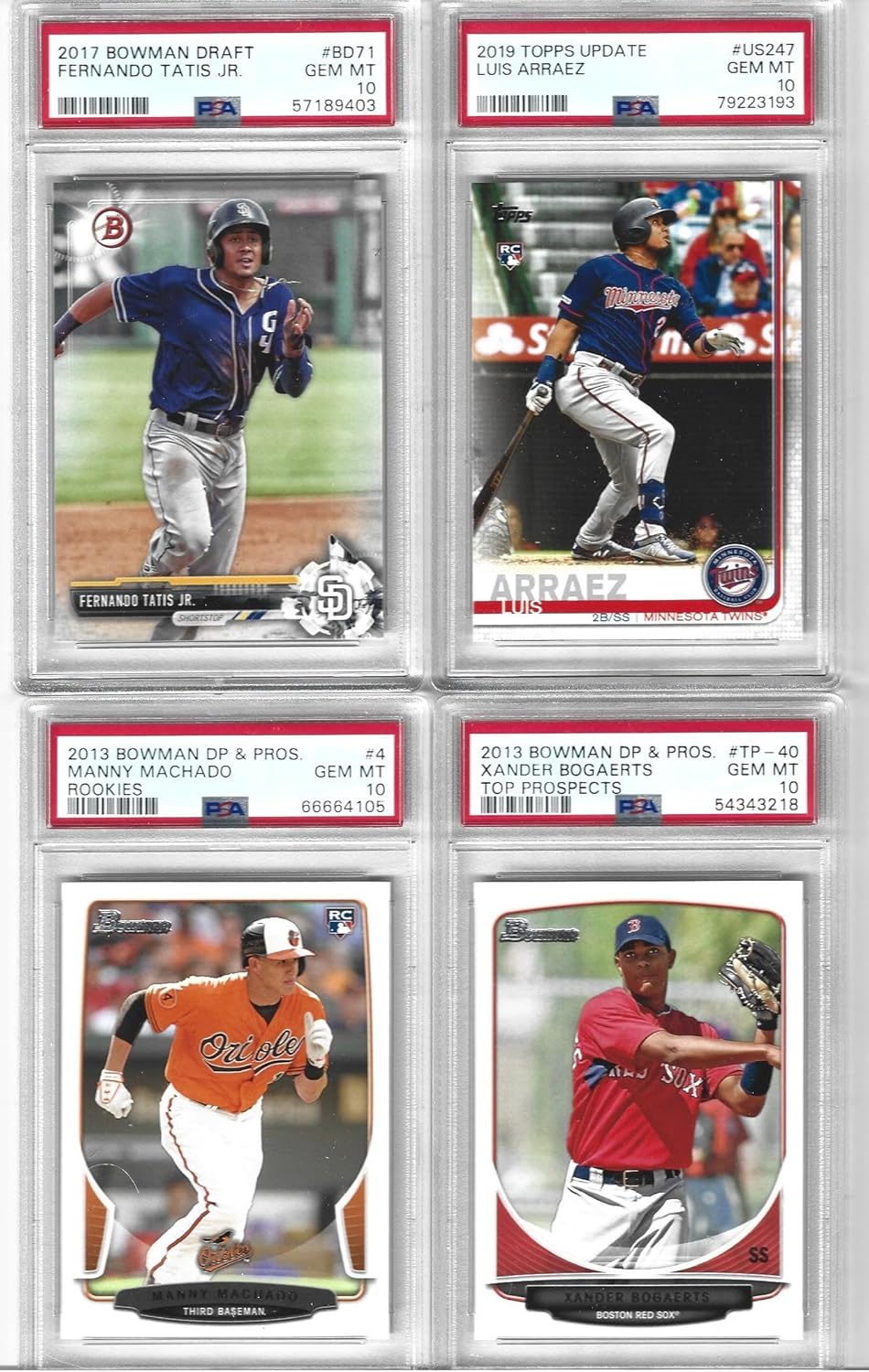 Graded Psa 10 Fernando Tatis Jr. Luis Arraez Manny Machado Xander Bogaerts 4 Card Baseball Rookie Lot Bowman & Topps Padres Superstars