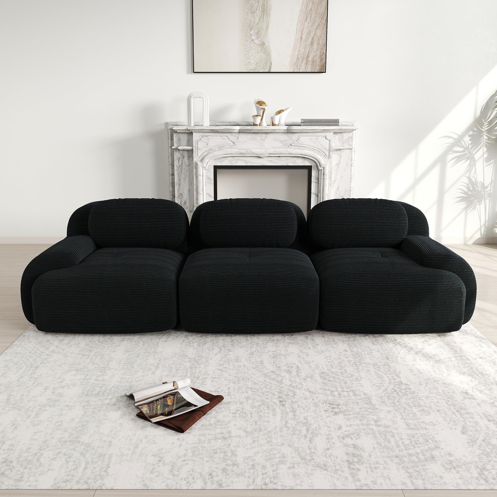 Divano a 3 posti in velluto a coste nero 298x103x70 cm, senza
