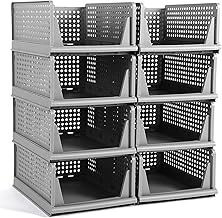 Foldable Plastic Wardrobe Organizer - Stackable Storage Solution for Clothes, Ideal for Bathroom, Kitchen, and Bedroom Use (Pack Of 8, Grey)