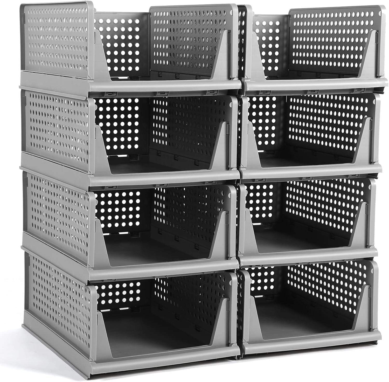 JEYANG Folding Wardrobe Organizer Plastic Stackable Clothe Closet Self Storage Container, Rectangular Cupboard for Kitchen, Home and Bathroom (Pack of 8 ( Large Grey ))