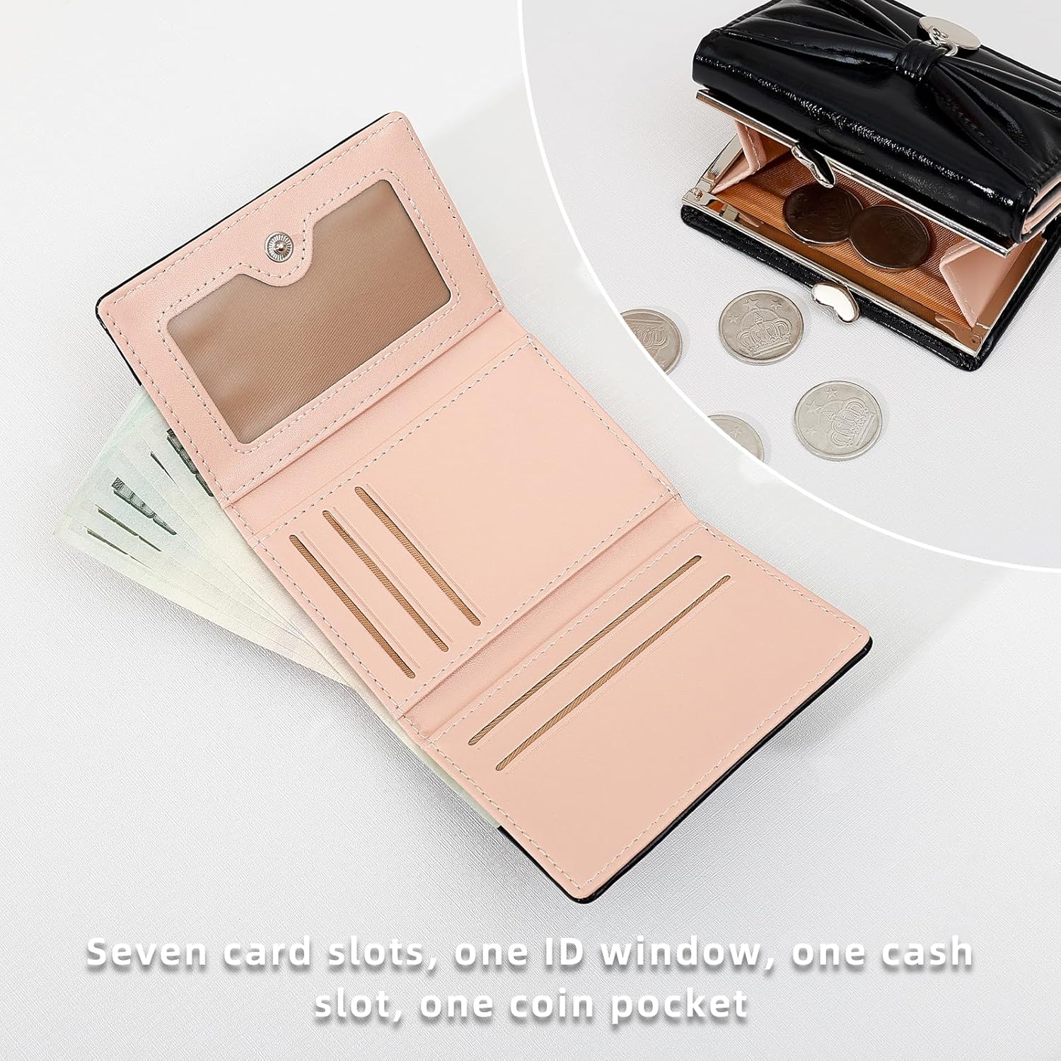 Wallet Women, Bow Trifold Wallets, Small Cute Coin Purse for Woman, Coquette Credit Card Holder and Cash Bag for Ladies (Black) - Image 4