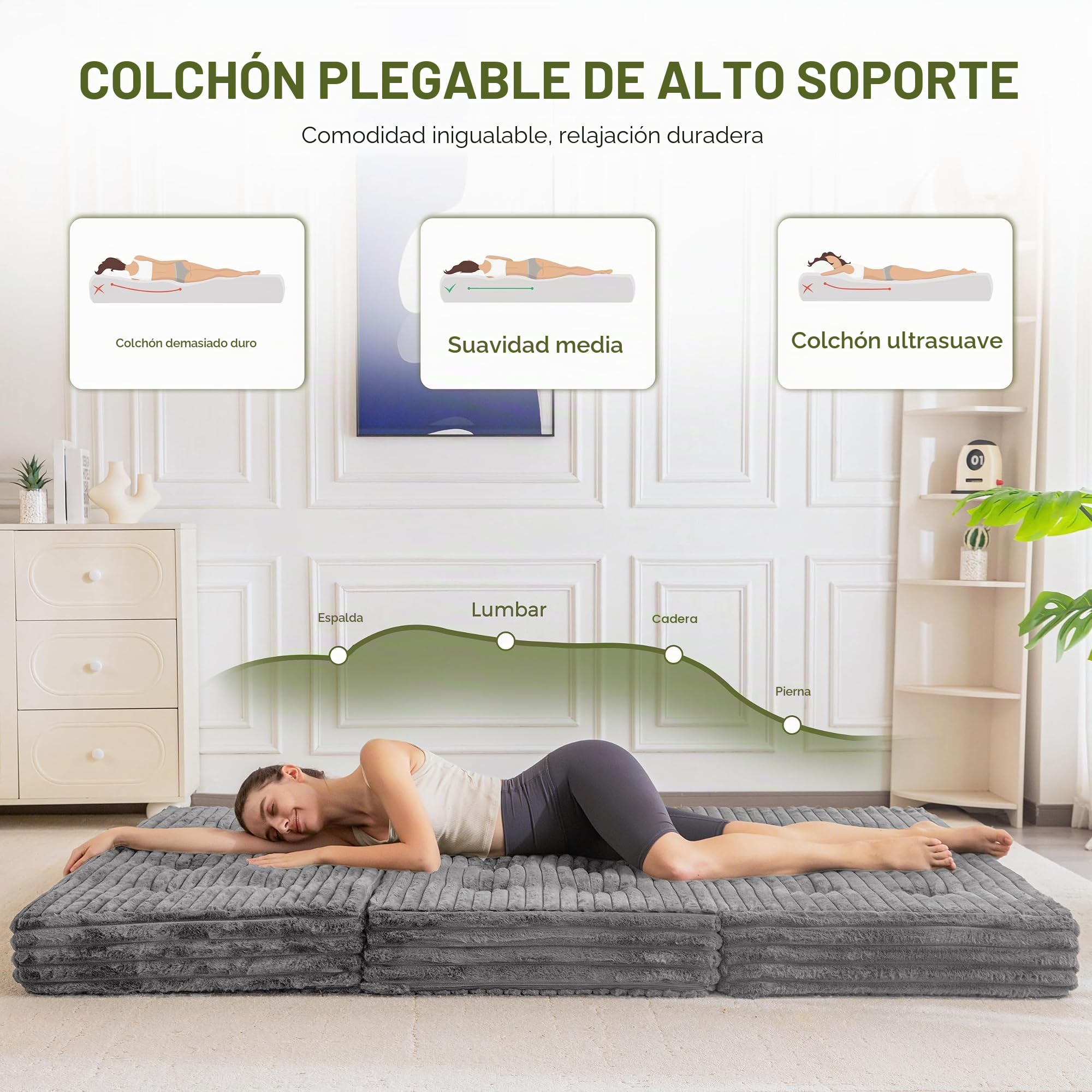 MAXYOYO Colchón Plegable 190 * 90cm, Tapizado de 15 cm con Piel Sintética de Primera Calidad, Sofá Cama Futón de Tres Piezas para Sala de Estar/Invitados.