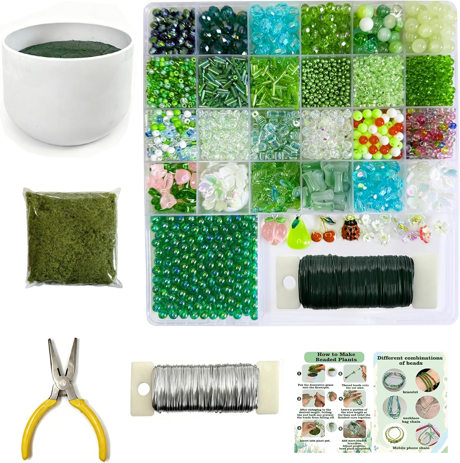 Beaded Plant Kit Green Glass Beads for Plant Making, Beaded Plants Nature Colorful Crystal Glass Leaf Bead for DIY Crafts Plants Lover Gifts（Include Pot