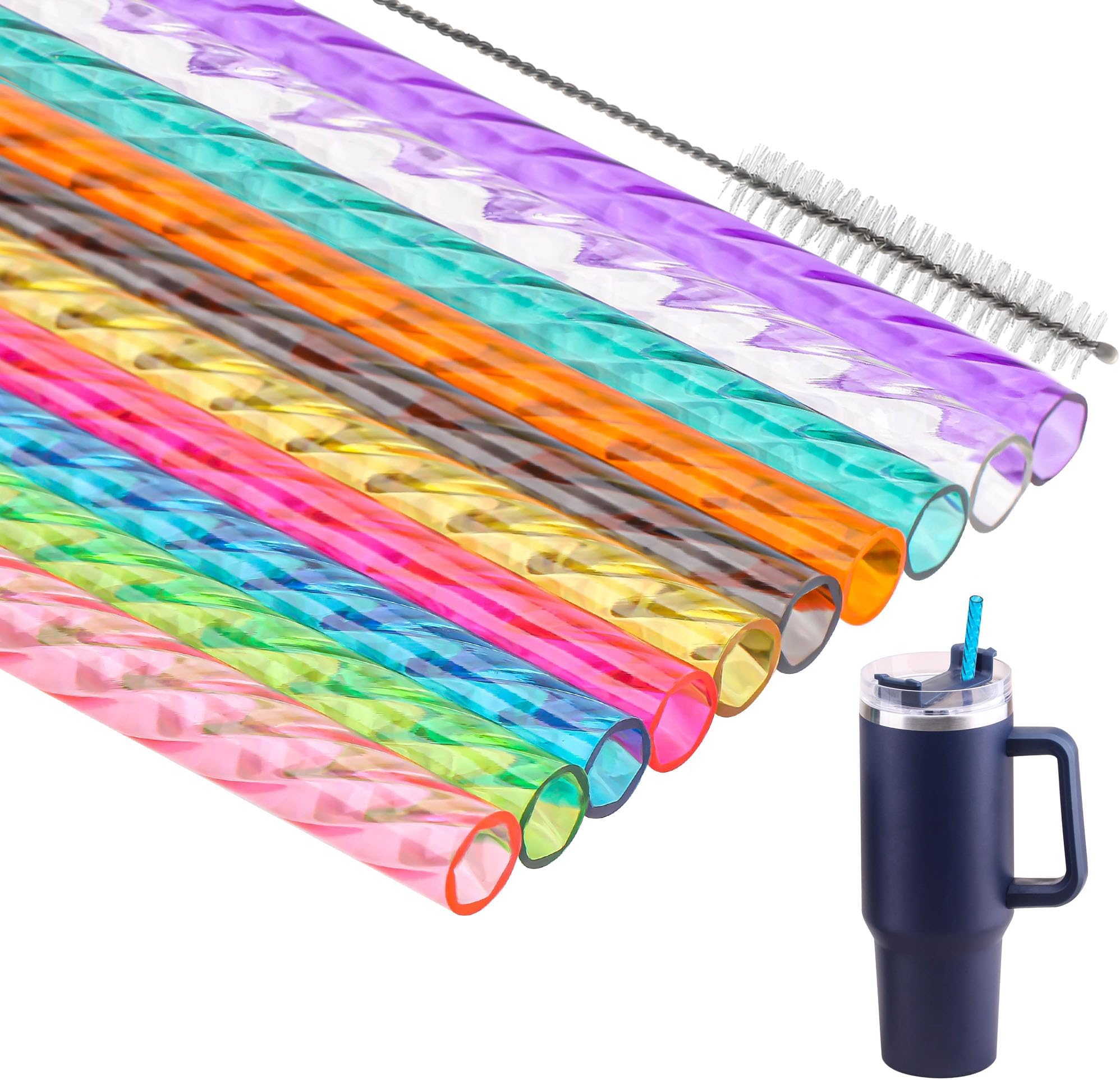 Dakoufish Replacement Swirl Straw for Stanley 40 oz 30 oz Cup,10 Pack12 Inch Reusable Plastic Straws With Brush for Stanley Tumblers Accessories,BPA Free (12 Inch,10 Color)