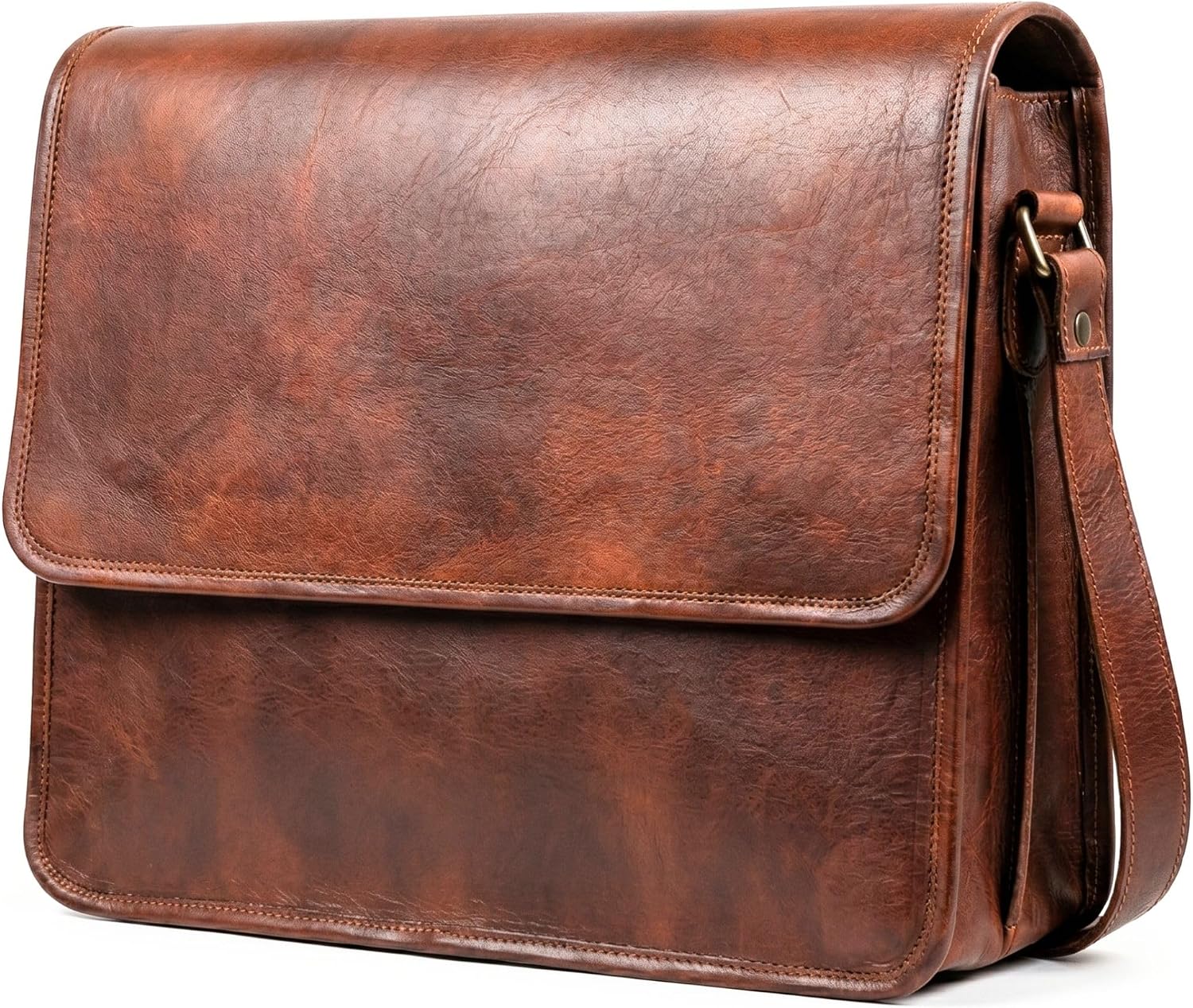 Genuine Leather Messenger Bag for Men & Women, Handmade Vintage Laptop Shoulder Bags with Adjustable Strap, Crossbody Small Briefcase for Office College Travel - 14 Inch, Brown