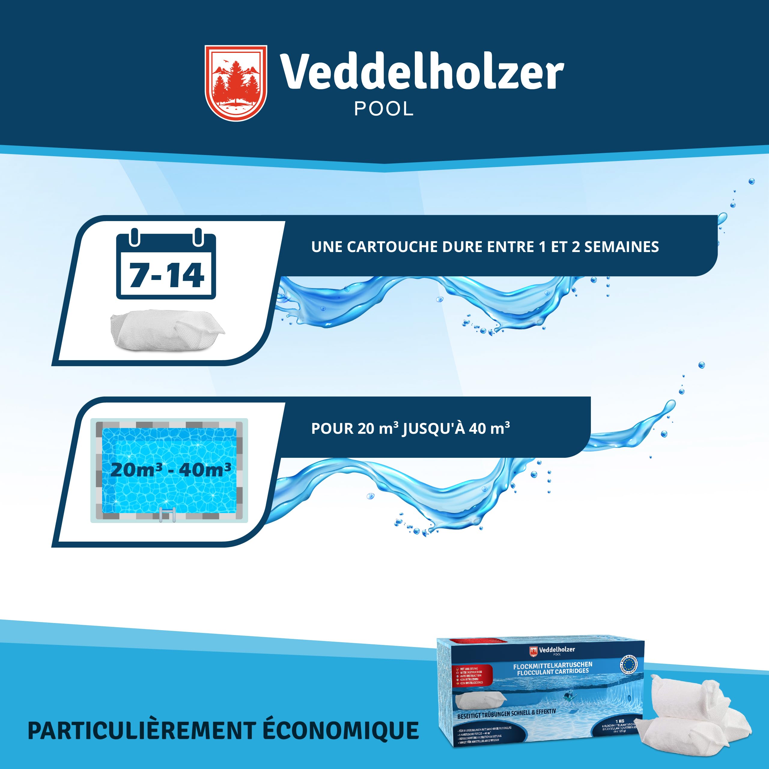 Veddelholzer 1 kg Cartouches de floculant pour Piscine, 8 x 125 g, pour filtres à Sable, Verre filtrant et Boules filtrantes, Aide à la Clarification de l’Eau