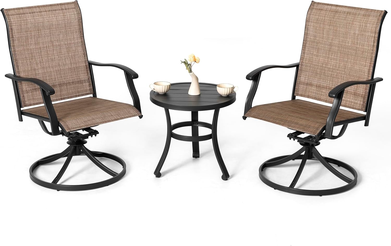 NUU GARDEN 3 Piece Outdoor Bistro Set, 2 Swivel Bistro Chairs and 20" Round Bistro Table, Patio Textilene Fabric, Powder-Coated Iron Frame, for Patio, Deck, Garden, Backyard, Black and Brown