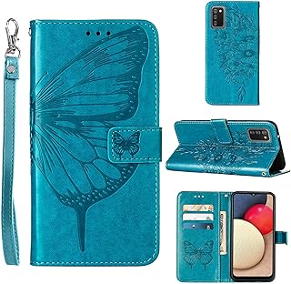 A02s Case,Wallet for Samsung A02s Case,[Kickstand][Wrist Strap][Card Holder Slots] Butterfly Floral Embossed PU Leather Flip Protective Cover for Galaxy A02s Case (Blue)