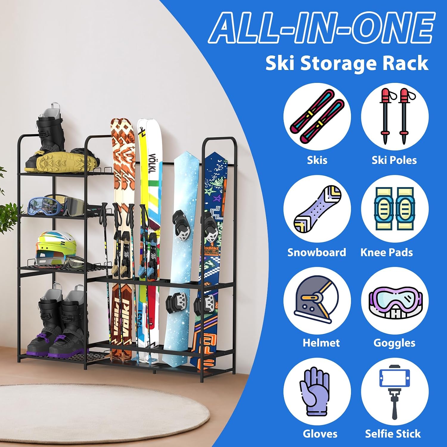 Freestanding Ski Rack for Garage - Stores 4 Pairs of Skis, Adjustable Ski Boot Holder, Organizes Skis, Boots, Poles, Goggles, Helmets & Gear, Ideal for Garage, Shed, Basement, Ski Enthusiasts