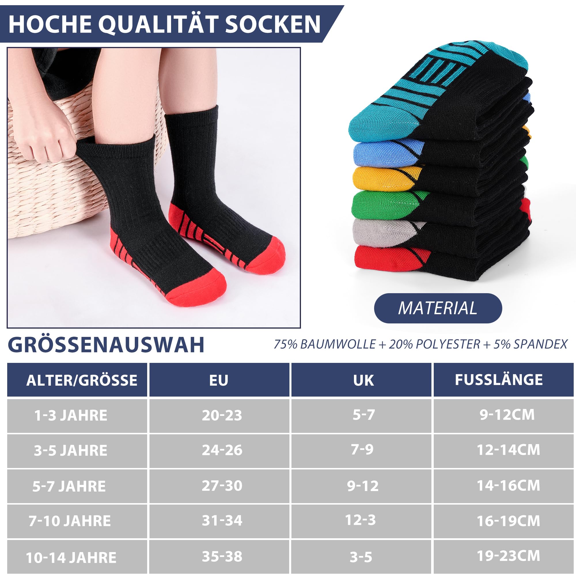 GENBATY Lot de 12 paires de chaussettes de sport en coton pour garçon Chaussettes athlétiques en coton Chaussettes pour la marche, les entraîneurs, la course, le basket-ball, l'école, l'équipage