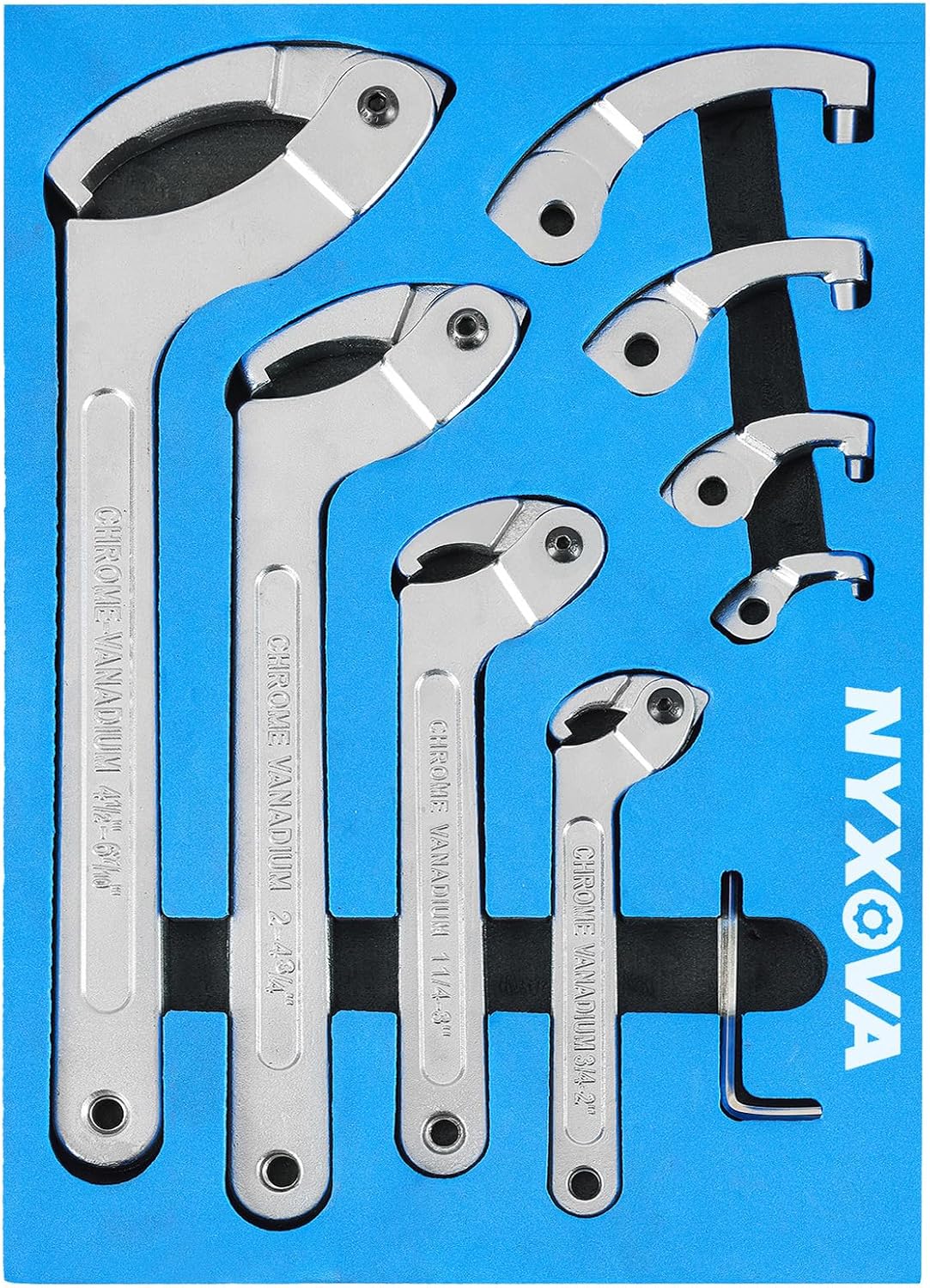 NYXOVA 9pcs Adjustable Pin Spanner Wrench Tool Set, C Pin Spanner Hook Wrench, Spanner Nut Wrench Tools with Changeable Heads for Pipes Heating Cars, Coilover Hook Wrenches, 3/4" to 6-1/10"