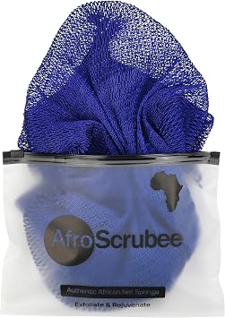 Authentic African Net Sponge Ethically Sourced from Nigeria, 45" Long Double-Knotted Sapo Exfoliating Bath Sponge, Back Scrubber for All Skin Types Royal Blue