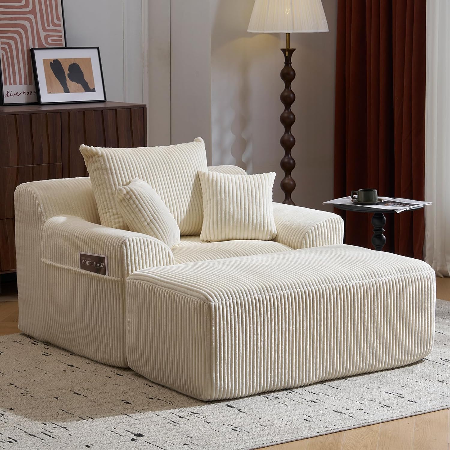 59'' Boneless Chaise Lounge Chair with Ottoman, Oversized Corduroy Upholstered Couch,Deep Seat Comfy Reading Chair,Small Compressed Sofa Bed for Livingroom/Bedroom (Beige)