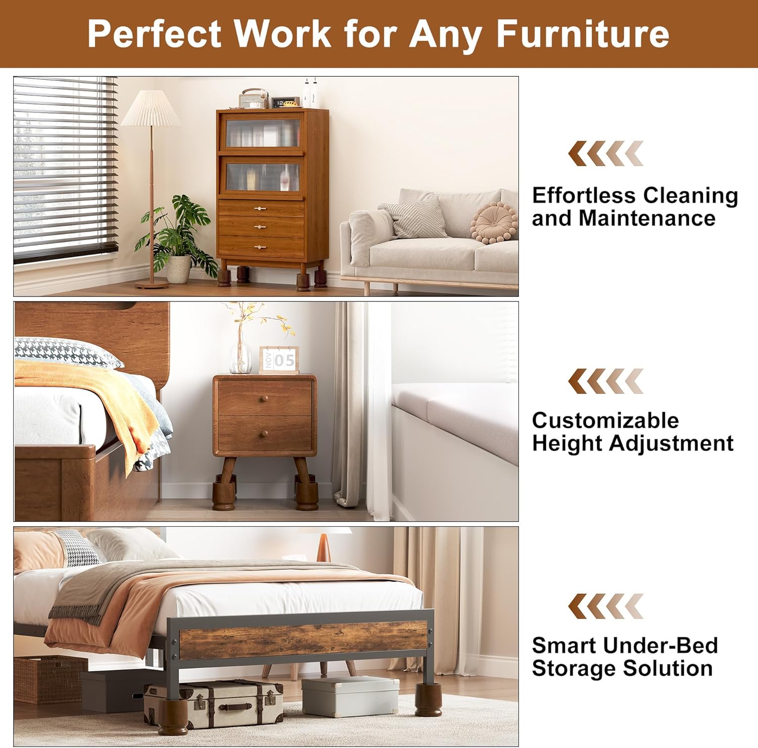 TQVAI Large Bed Risers Heavy Duty, 5" H(Inner 4" H), 2200 LBS Loading Capacity, Anti-Fall Edge, 4 Pack Wooden Bed Lifts Risers with Non-Slip Pads for King Queen Twin Full Bed Frame, Retro Brown