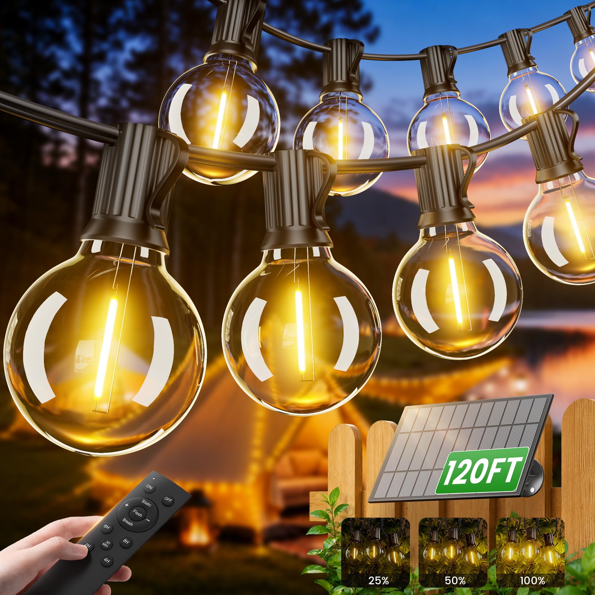 OHLUX Solar String Lights Outdoor 120FT, G40 Patio Lights 52 LED Shatterproof Bulbs with Remote Cable Ties and Hooks, 3 Light Modes, Dimmable Outside Edison Hanging Lights for Backyard Party Decor