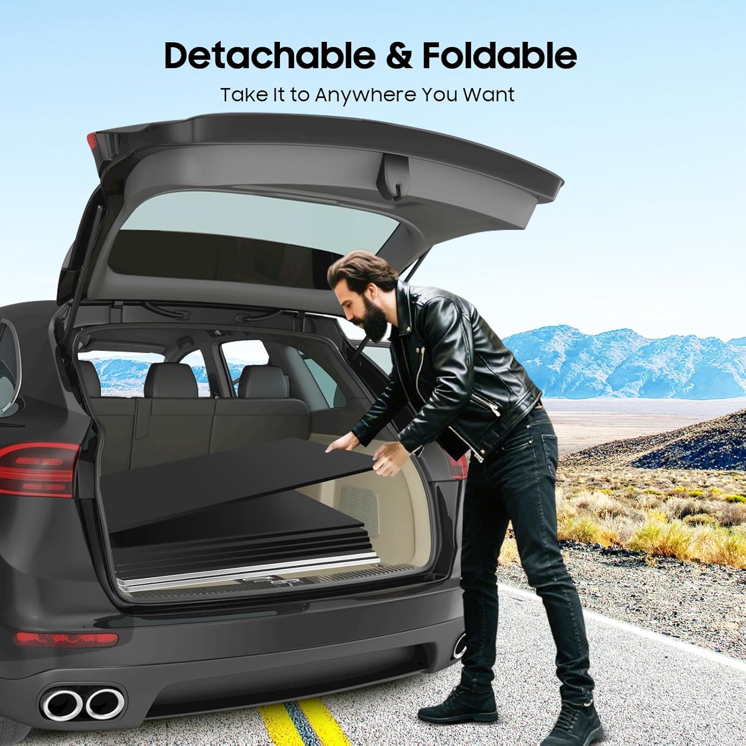 Folding Portable Event Bar with Top and Middle Shelves, 4' Foldable Bartender Table Cabinet Station, Mobile Laminate Foldable Bar for Parties and Events, Black (Black and White)