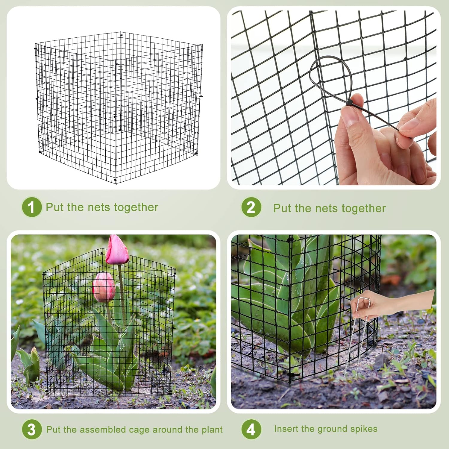 Zubebe 20 Pack Small Wire Plant Protectors Square Plant Protectors from Animals Mesh Cage Chicken Wire Cloche for Shrubs and Vegetables with Ground Stakes and Nylon Ties (12 x 12 Inch)