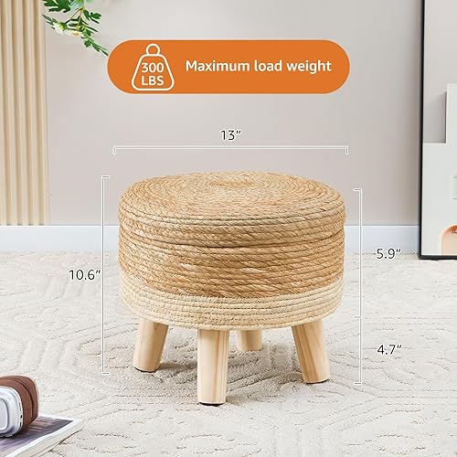 Miniatura 3 de Cpintltr Pufs otomanos de almacenamiento, reposapiés tejido a mano, reposapiés redondo natural con 4 patas de madera, asiento acolchado suave para