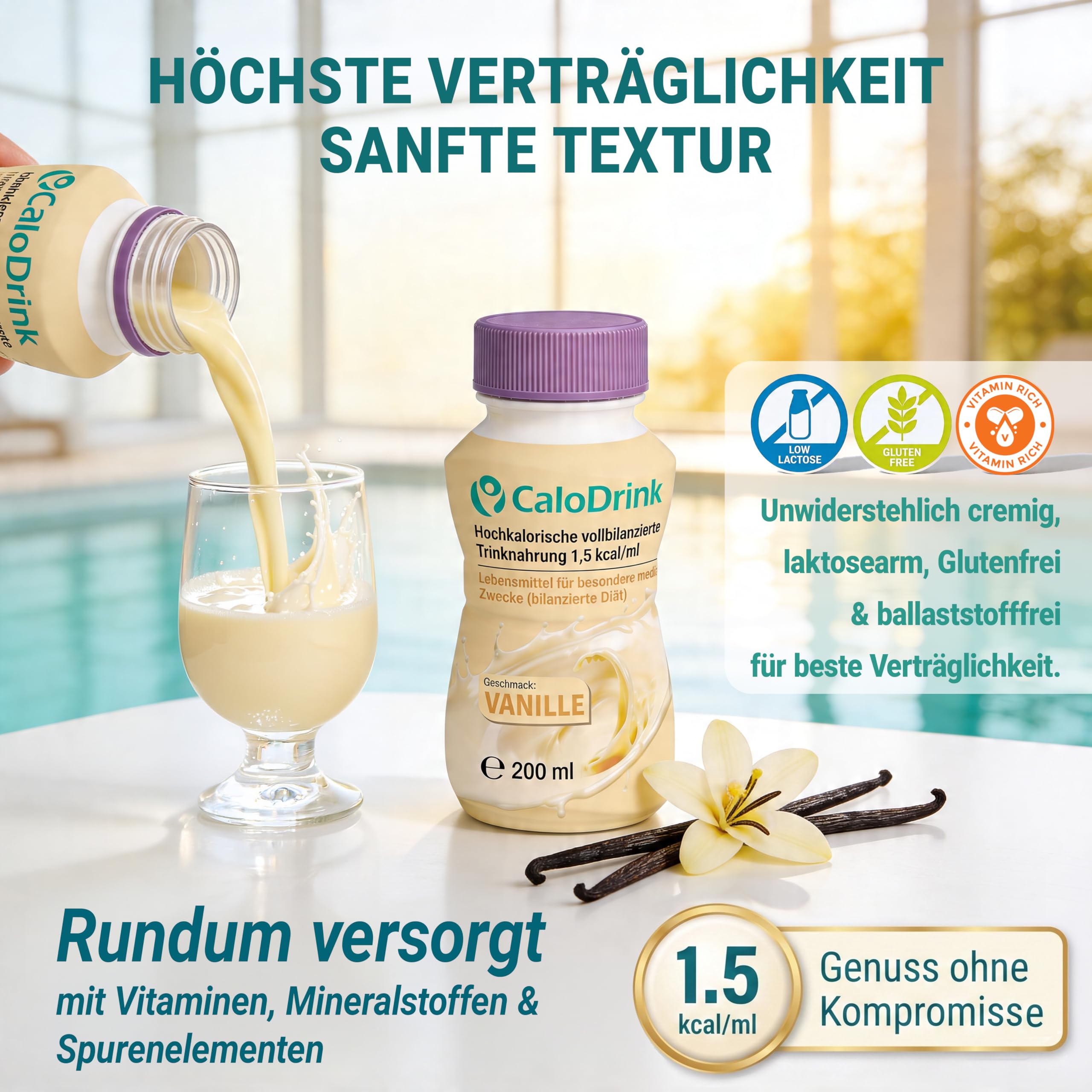 𝗖𝗮𝗹𝗼𝗗𝗿𝗶𝗻𝗸 Vanille 24x200 ml vollständig bilanzierte hochkalorische Trinknahrung | Astronautennahrung & Trinkmahlzeit zum Zunehmen | Aufbaukost & Aufbaunahrung | 300 kcal pro Flasche