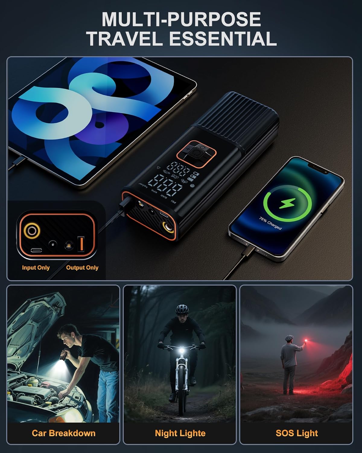 Tire Inflator Portable Air Compressor, 6X Faster 180 PSI Portable Air Compressor, Electric Air Pump for Car Tires with Pressure Gauge-Portable Tire Inflator for Car, Moto, Bicycle, Balls and More