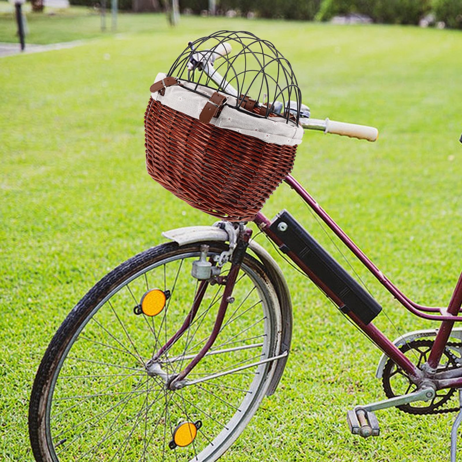 Cestino da Bici Anteriore in Vimini per Cani e Animali Domestici, Sicuro e Multifunzionale con Copertura a Rete, per Spostamenti e Shopping