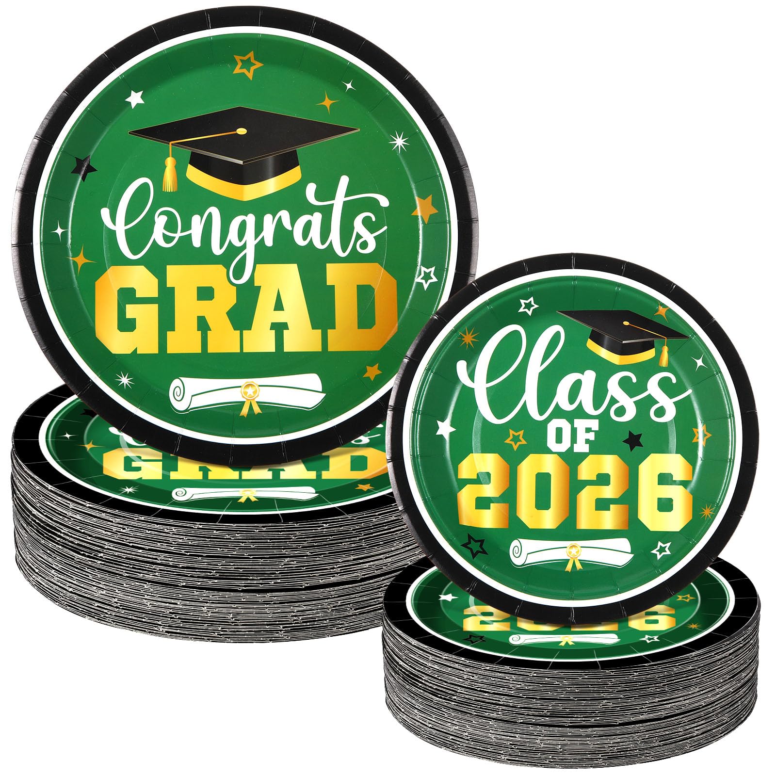 Irenare 200 Pcs Graduation Paper Plate Bulk 2026 Graduation Decoration Green and Gold Class of 2026 Dinner Dessert Disposable Paper Plate Dinnerware