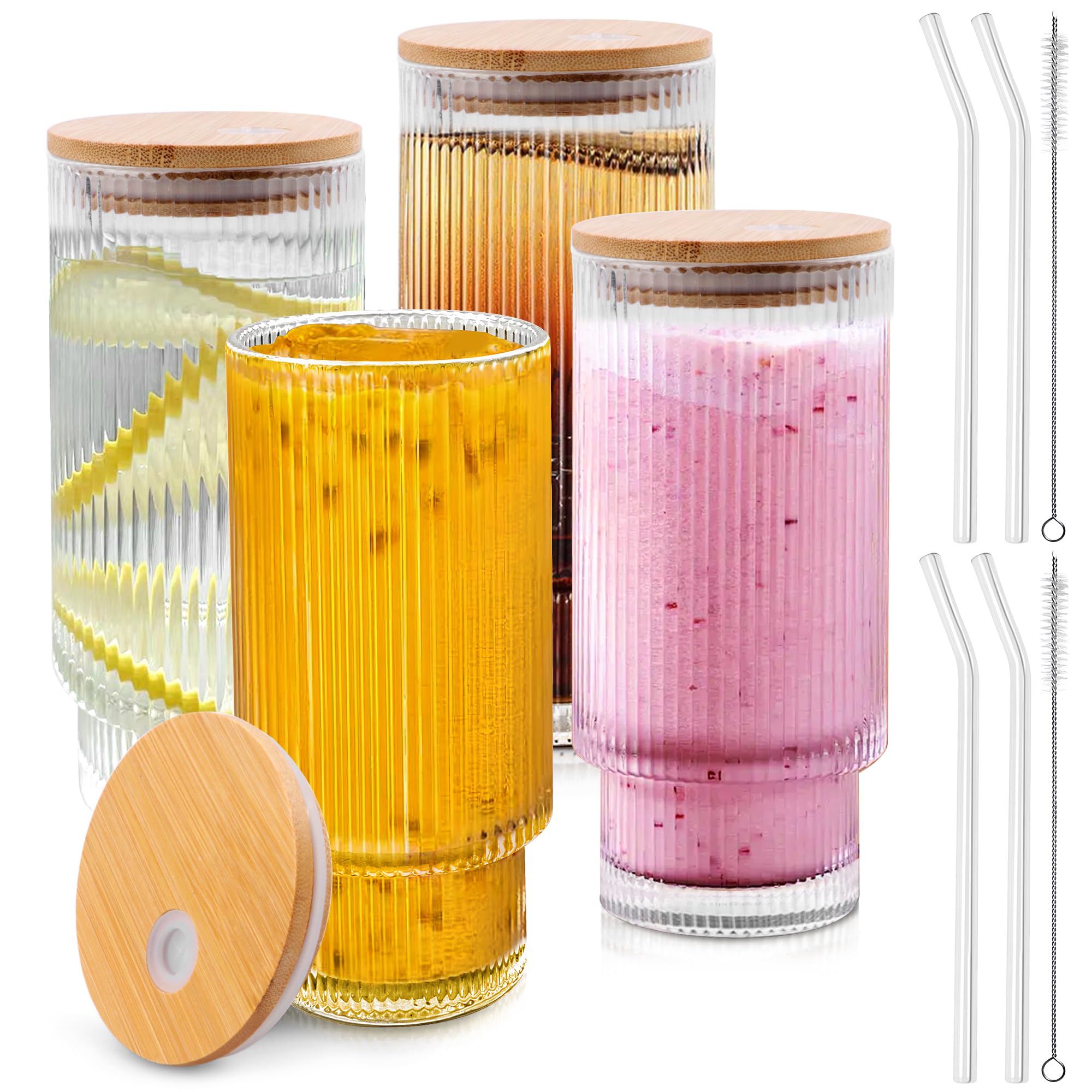 Tinaforld Glass Cups with Lids and Straws, 16 oz Glass Tumbler, Iced Coffee Cups with Lids, Ideal for Cocktail, Whiskey(4PACK)