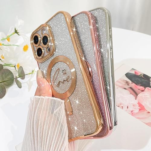 Miniatura 5 de Fiyart - Funda transparente magnética con purpurina para iPhone 11 Pro Max para mujeres, con grabado "Love" metálico, protección para cámara y