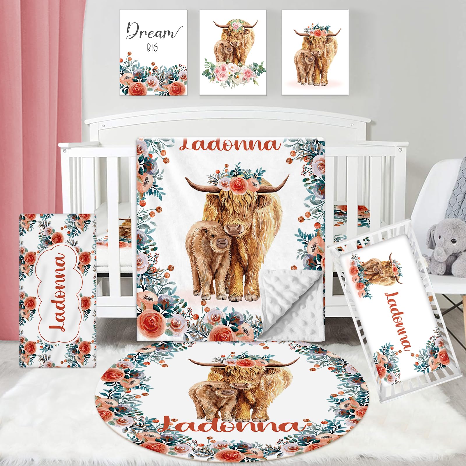 Personalized Baby Crib Bedding Set, Custom Name Blanket with Dotted Backing, 5 Piece Custom Gift Highland Cow Crib Bed Set for Baby Infant Shower Birthday, Floral Crib Bedding Gifts Style08