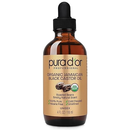 PURA D'OR Aceite de ricino negro jamaicano orgánico, aroma ahumado natural (4 onzas con cepillos de pestañas y cejas) 100% puro, prensado en frío y