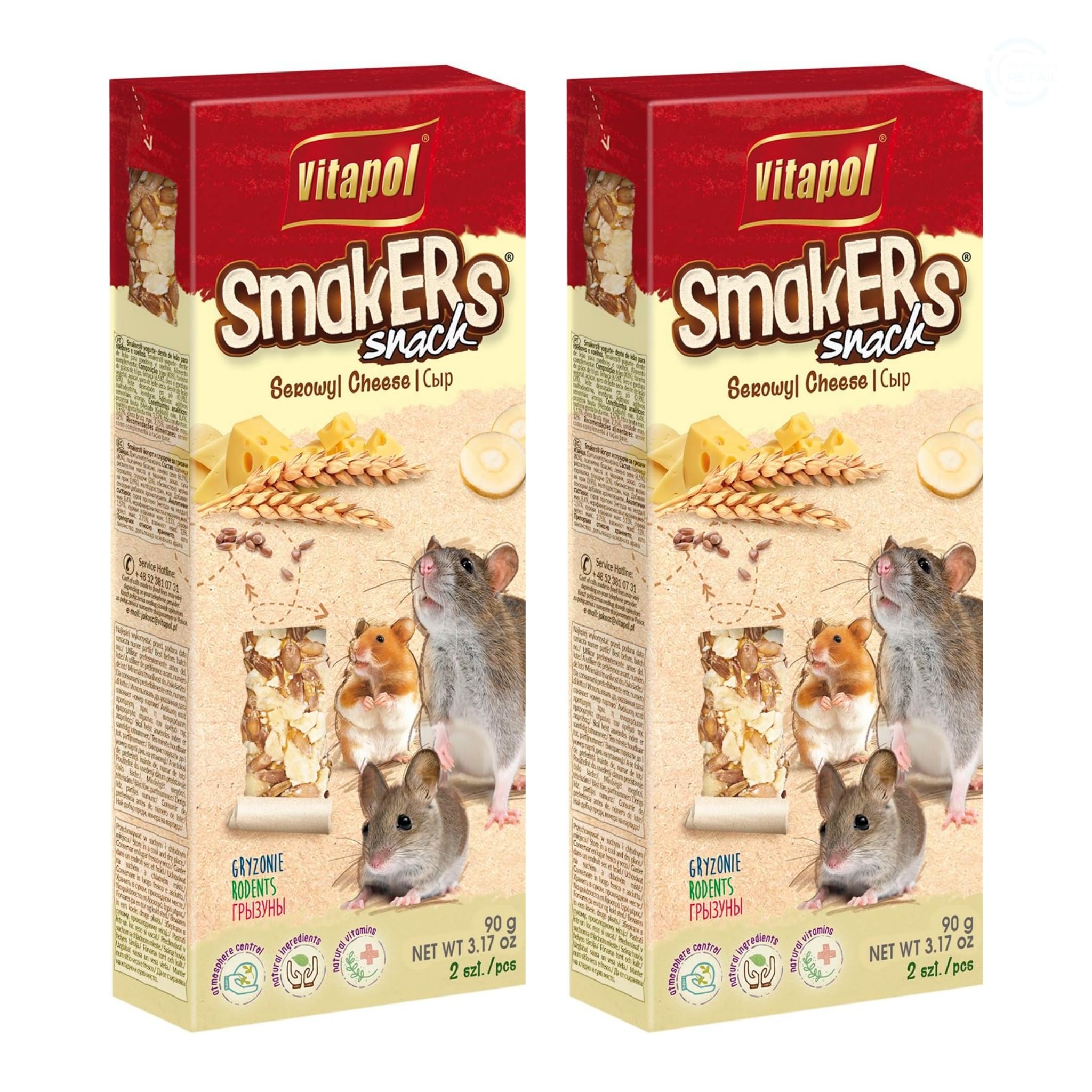 Vitapol Smakers® Natural Treat Sticks for Rodents & Rabbits – Enriched with Fruits, Vegetables, Herbs, Nuts & Probiotic Yoghurt – Healthy Complementary Snacks (4pcs, 180g, Cheese)