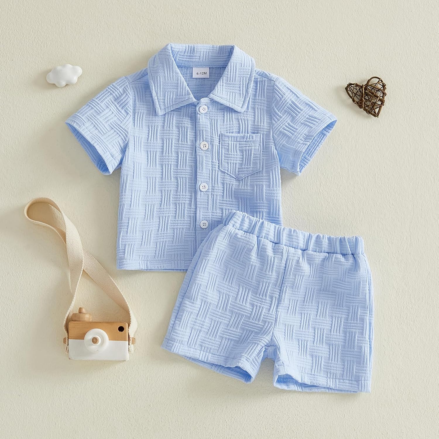 Thorn Tree Toddler Boy Outfit Button Down Shirt Short Sleeve Tops Elastic Waist Shorts Solid Baby Clothes Summer Outfits - Image 9