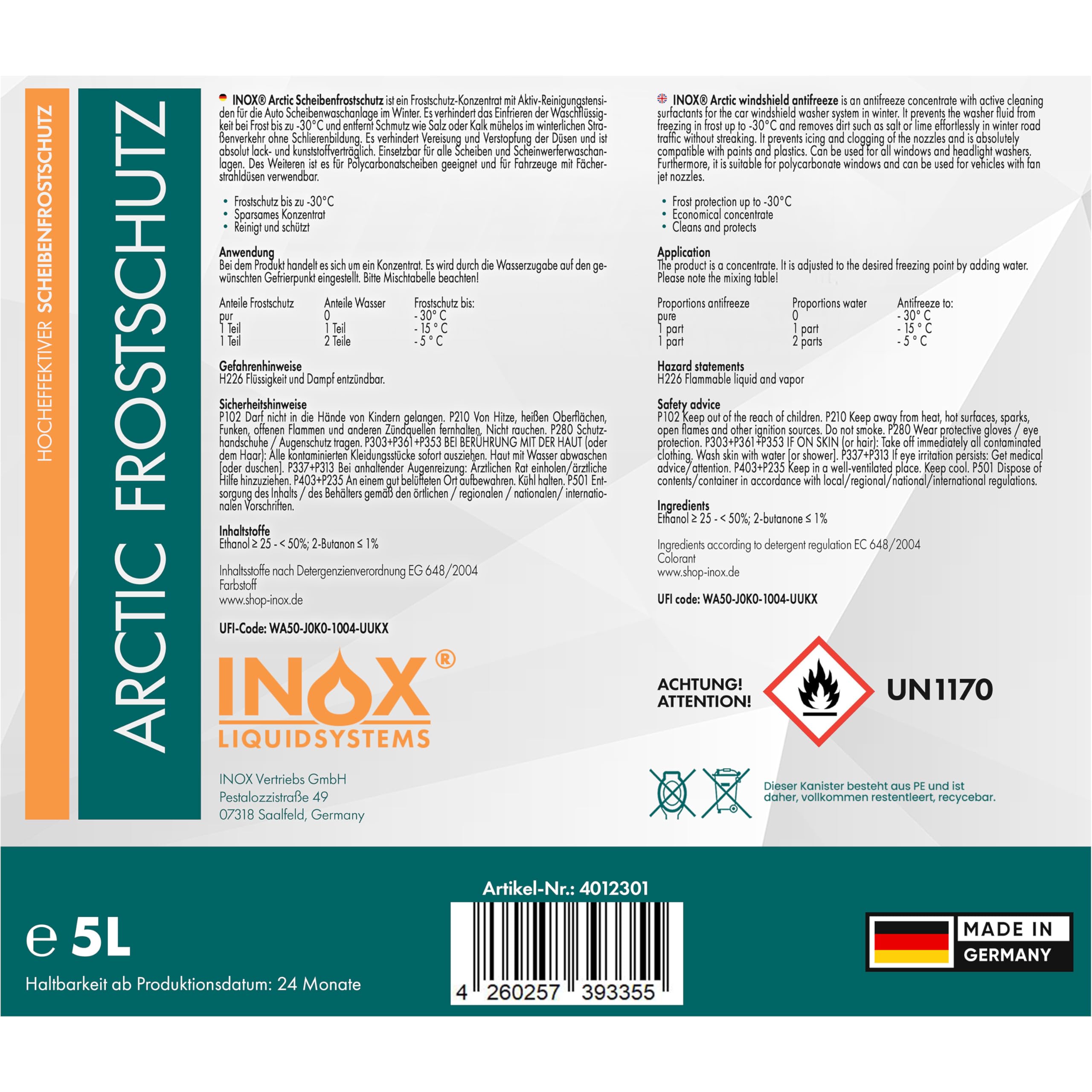 INOX® 4 x 5L Arctic Scheibenfrostschutz Konzentrat bis -30°C - Auto Frostschutzmittel Scheibenwaschanlage - Scheibenwischwasser schlierenfrei