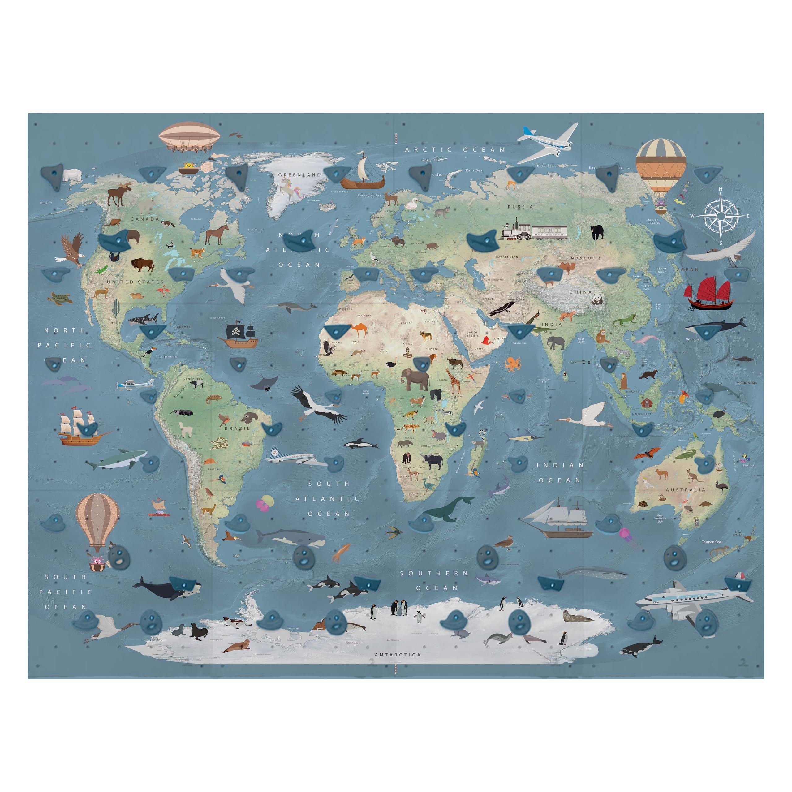 Parete da Arrampicata per Bambini - Gioco da Interno - con 60 Prese da Arrampicata, 12 Pannelli Murali in Compensato di Betulla - Dimensioni 225x300cm - Animali Sulla Terra