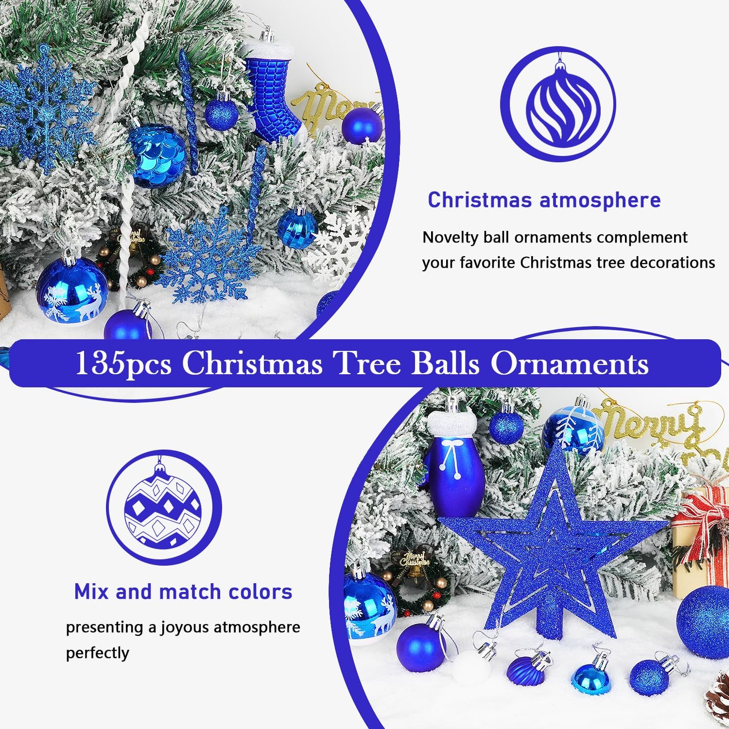Artmag 135 Pcs Christmas Ball Ornaments Set, Pre-Tied Shatterproof Plastic Assorted Christmas Balls for Xmas Tree Hanging Decorations Festival Party Holiday Decor (Blue)