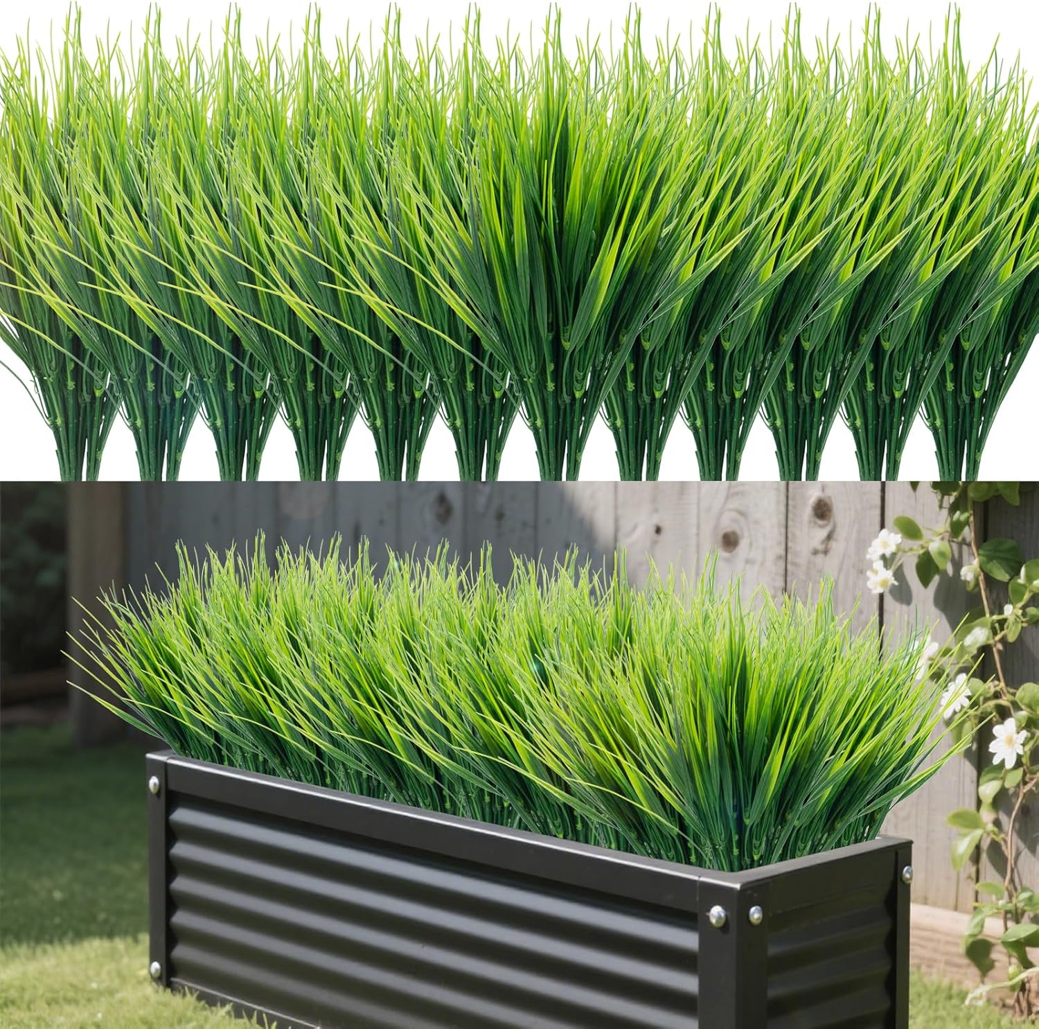 48 Bundles Artificial Grass Plants Outdoor Fake Wheat Grass Faux Greenery Stems Plastic Shrubs UV Resistant Faux Plastic Plants for Patio Garden Porch Window Box Spring Home Decor