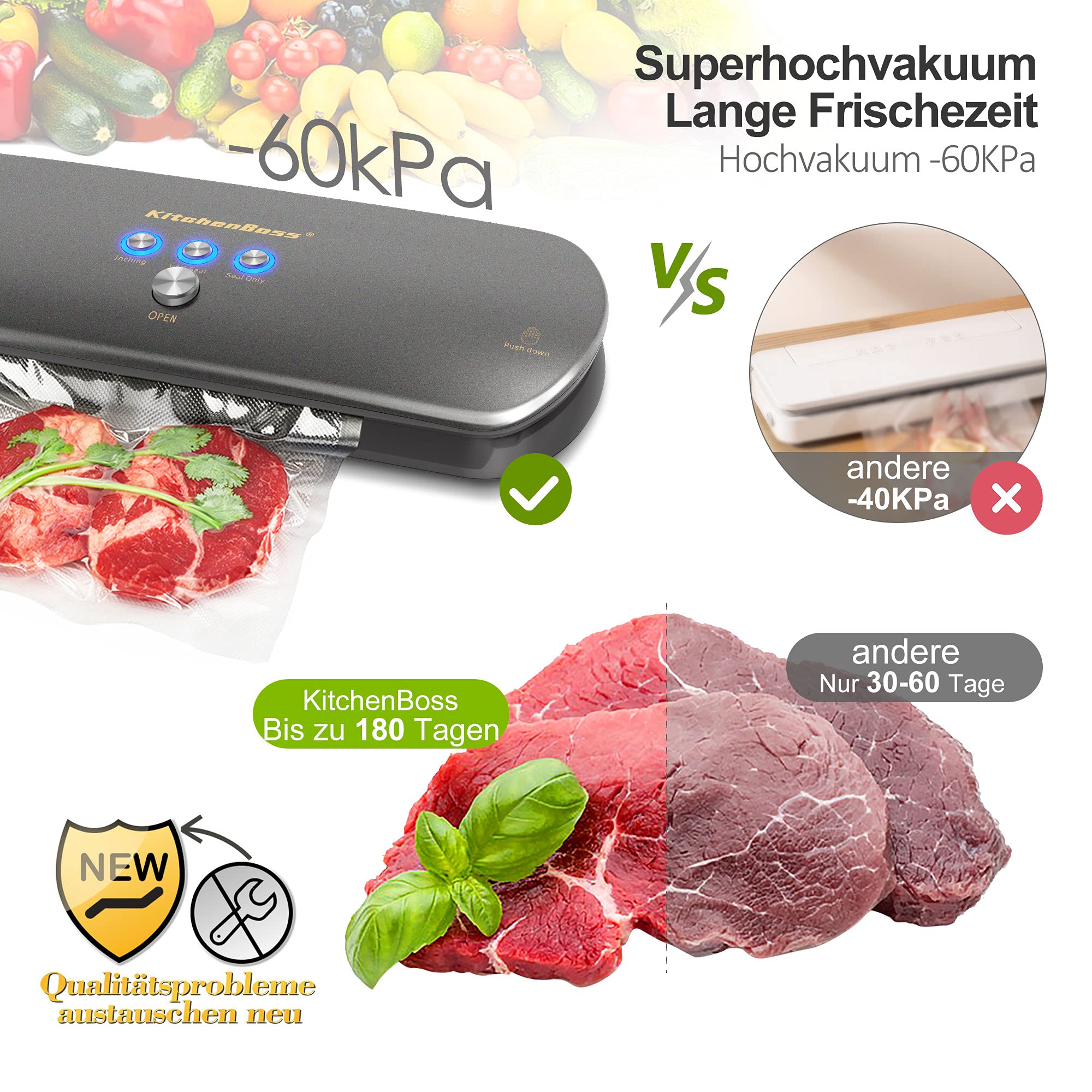 KitchenBoss Urządzenie do pakowania próżniowego 3 w 1 do suchych i wilgotnych produktów spożywczych, automatyczne/ręczne zamknięcie próżniowe, zgrzewarka do folii Graphite Gray