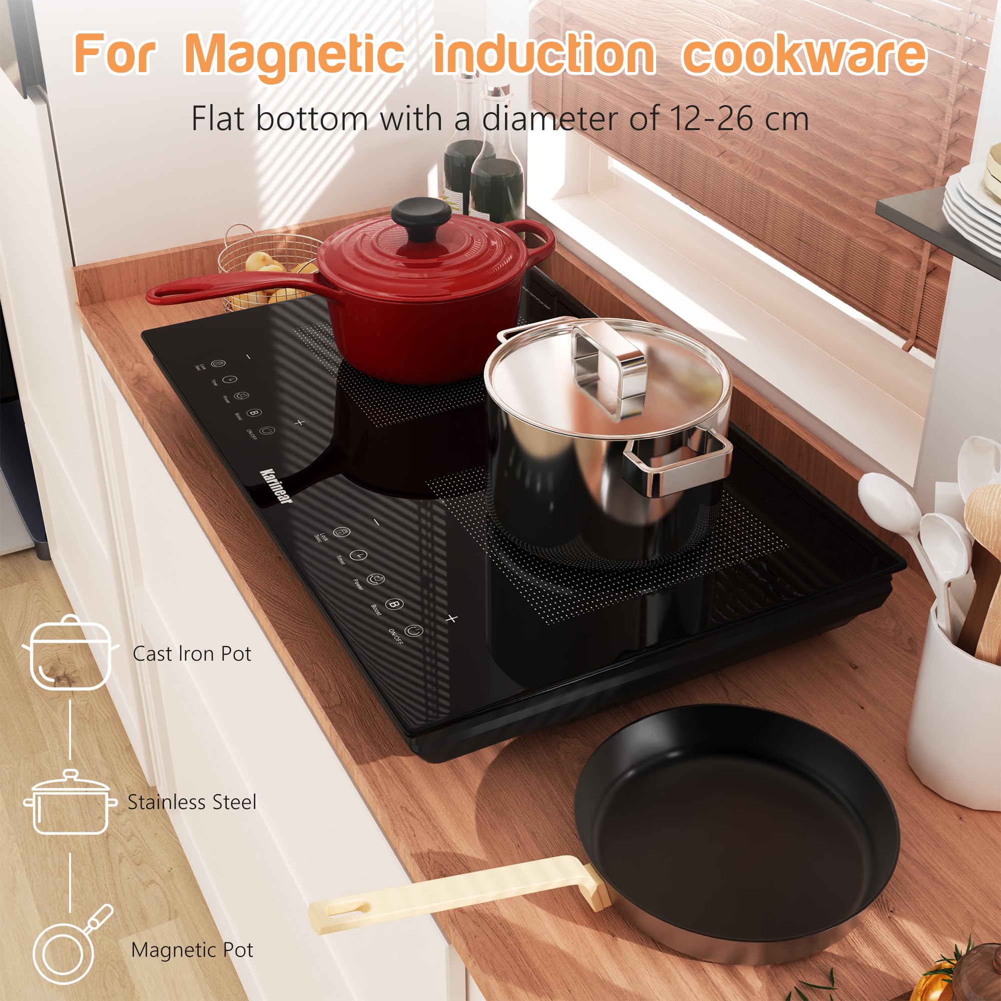 Karinear Double Induction Hob, Upgrade Induction Cooker Touch Contol 9 Powe Level, 3500W 4H Timer, Safety Lock (1 Unit) for kitchenette, RVS, Camping — view 7