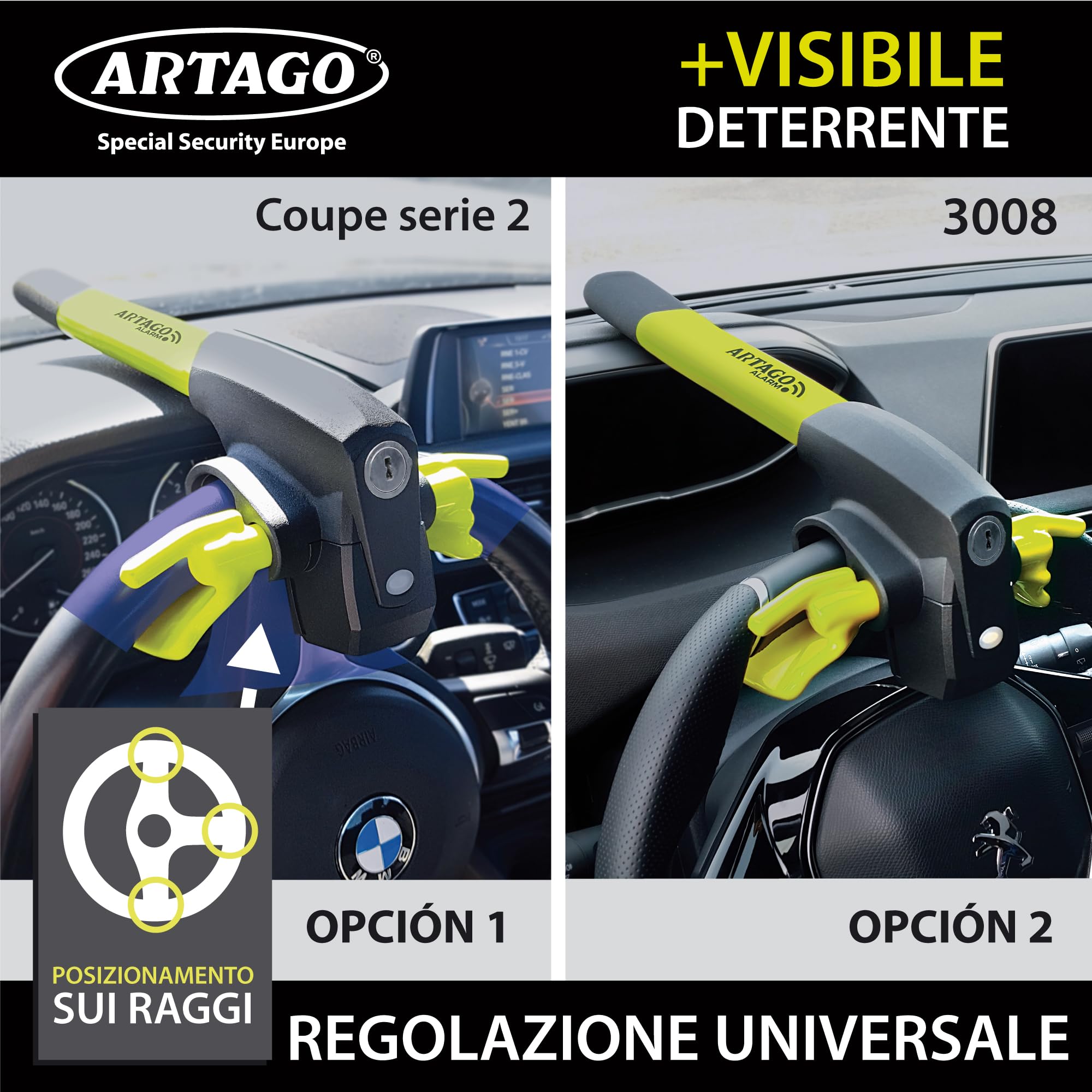 ARTAGO 870 Antifurto Auto Alta Gamma, Blocca Sterzo 2en1, Allarme Intelligente 120dB LED Notte, Bloccasterzo Meccanico Sonoro
