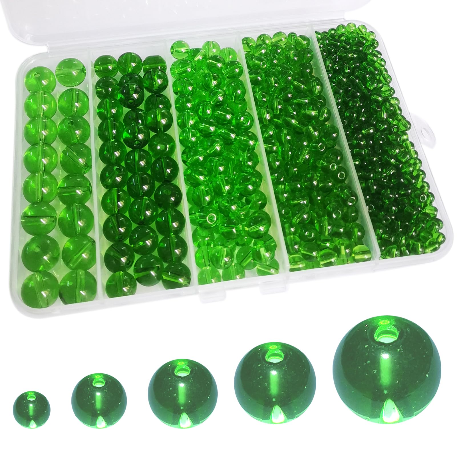 Gocelyn 726pcs Round Glass Beads for DIY Craft Projects (Green), Smooth Round Crystal Spacer Loose Beads for Crafts Charms Pendants Friendship 4/6/8/10/12mm