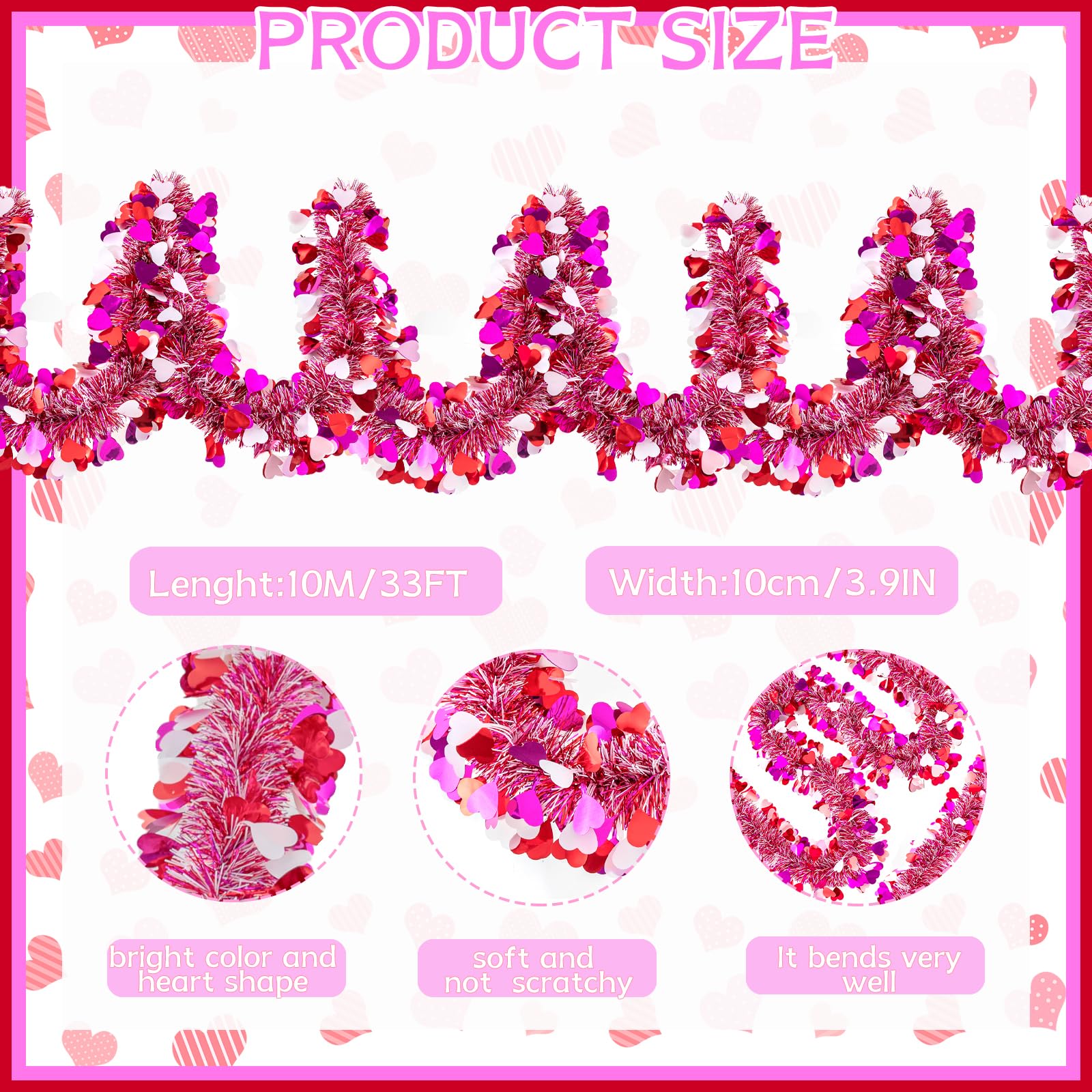 Gloreyan 20FT/6M Valentines Day Tinsel Garland, Red Pink White Heart Metallic Tinsel Twist Garland Hanging Garland Decoration for Valentine’s Day Wedding Birthday Party Supplies