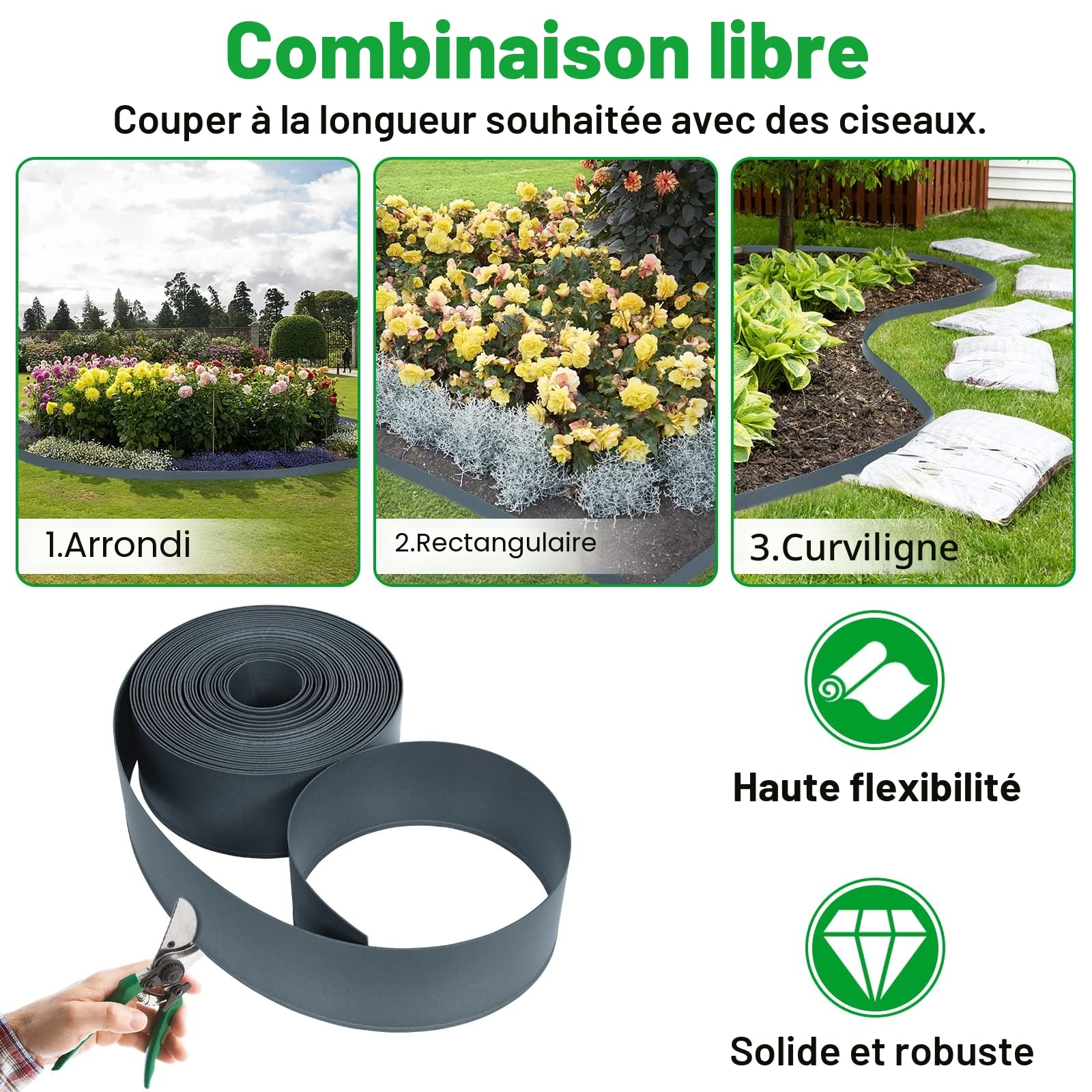 UISEBRT - Bordure de pelouse en plastique - 20 m - Rouleau de bordure de pelouse - Bordure de jardin - Bordure décorative pour le jardin - Anthracite