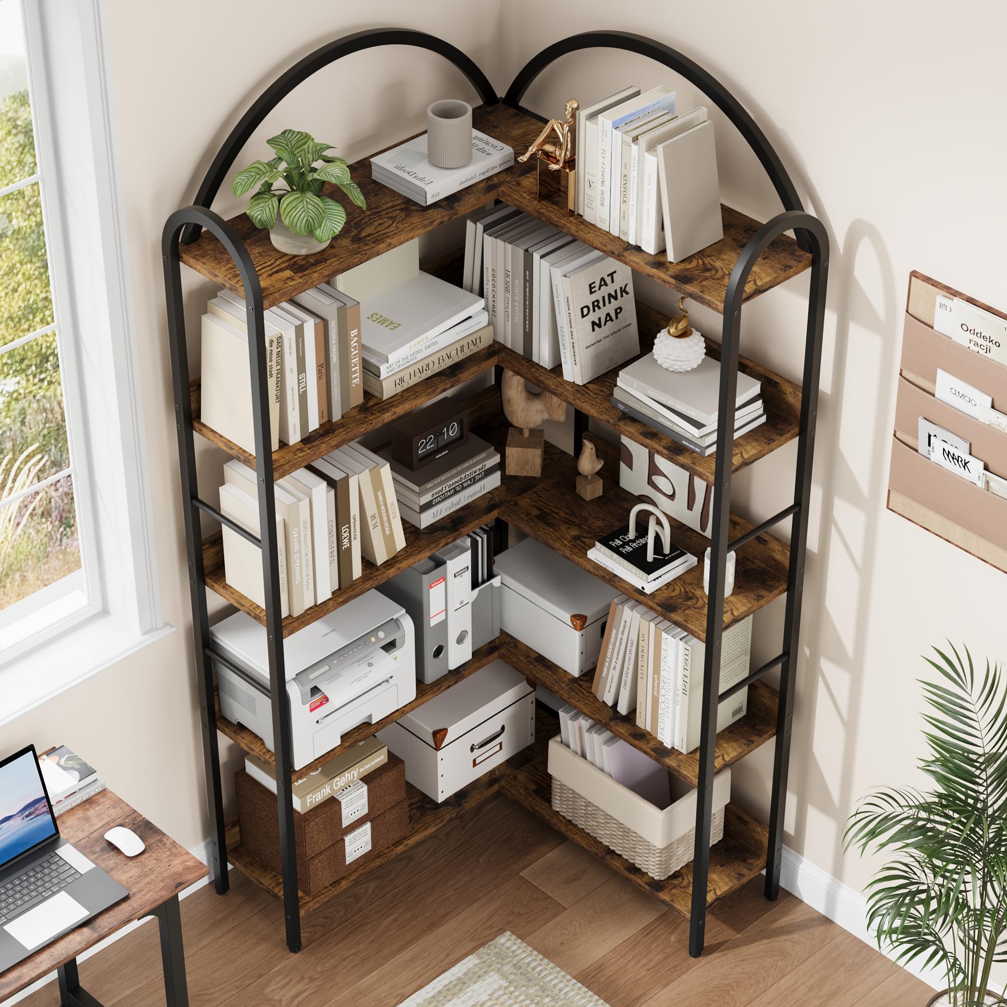 5-Stöckiges Eck-Bücherregal mit Gebogenem Metallrahmen, L-Förmiges Dekoratives Großes Bücherregal Aus Holz und Metall, Bodenstehendes Eckregal für Schlafzimmer, Wohzimmer, Home Office, 174x78x78cm