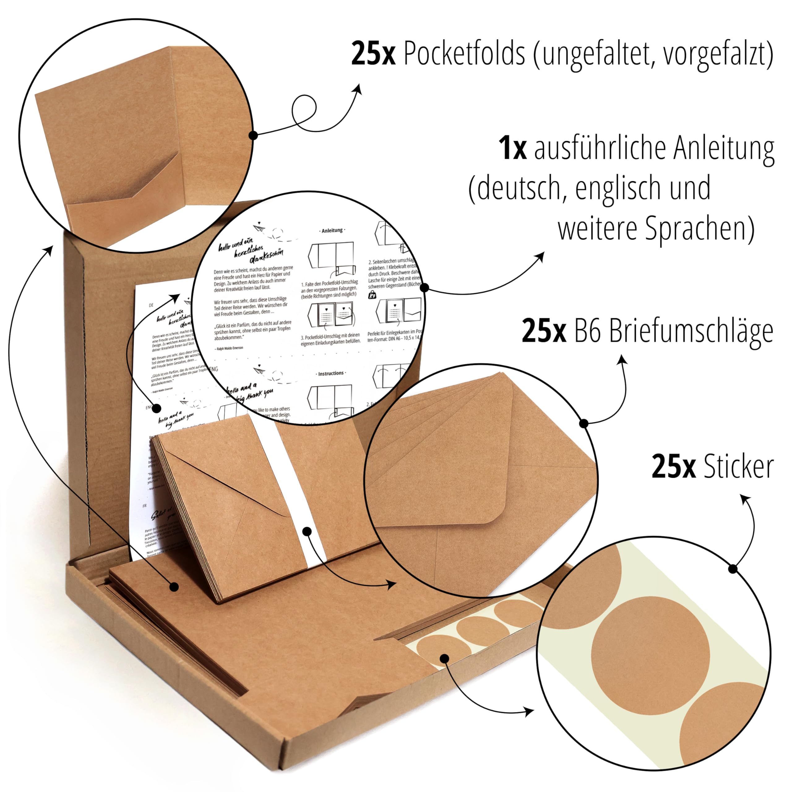 Japun Pocketfold Biglietti carta kraft vuoti tascabili con buste DIN B6 inviti nozze marrone 25 pezzi