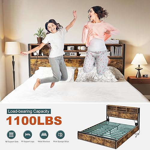 Miniatura 7 de EnHomee Base de cama Queen con 6 cajones de almacenamiento, marco de cama tamaño Queen con cabecera y estación de carga, sin ruido, no necesita