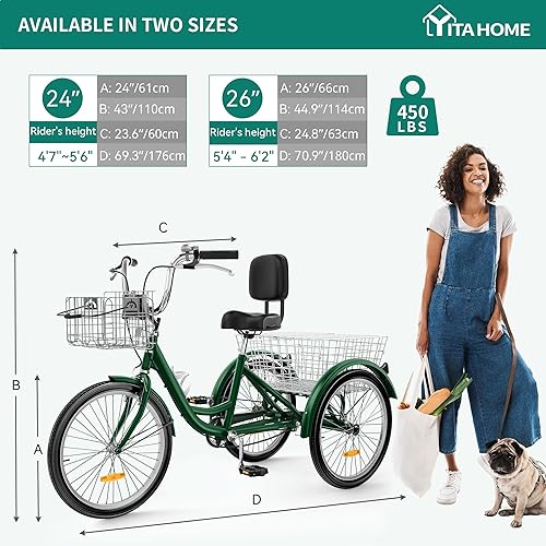 Miniatura 30 de YITAHOME Triciclo para adultos, bicicletas de 3 ruedas de 24 y 26 pulgadas, bicicleta de triciclo de 1 velocidad para adultos con cestas extraíbles